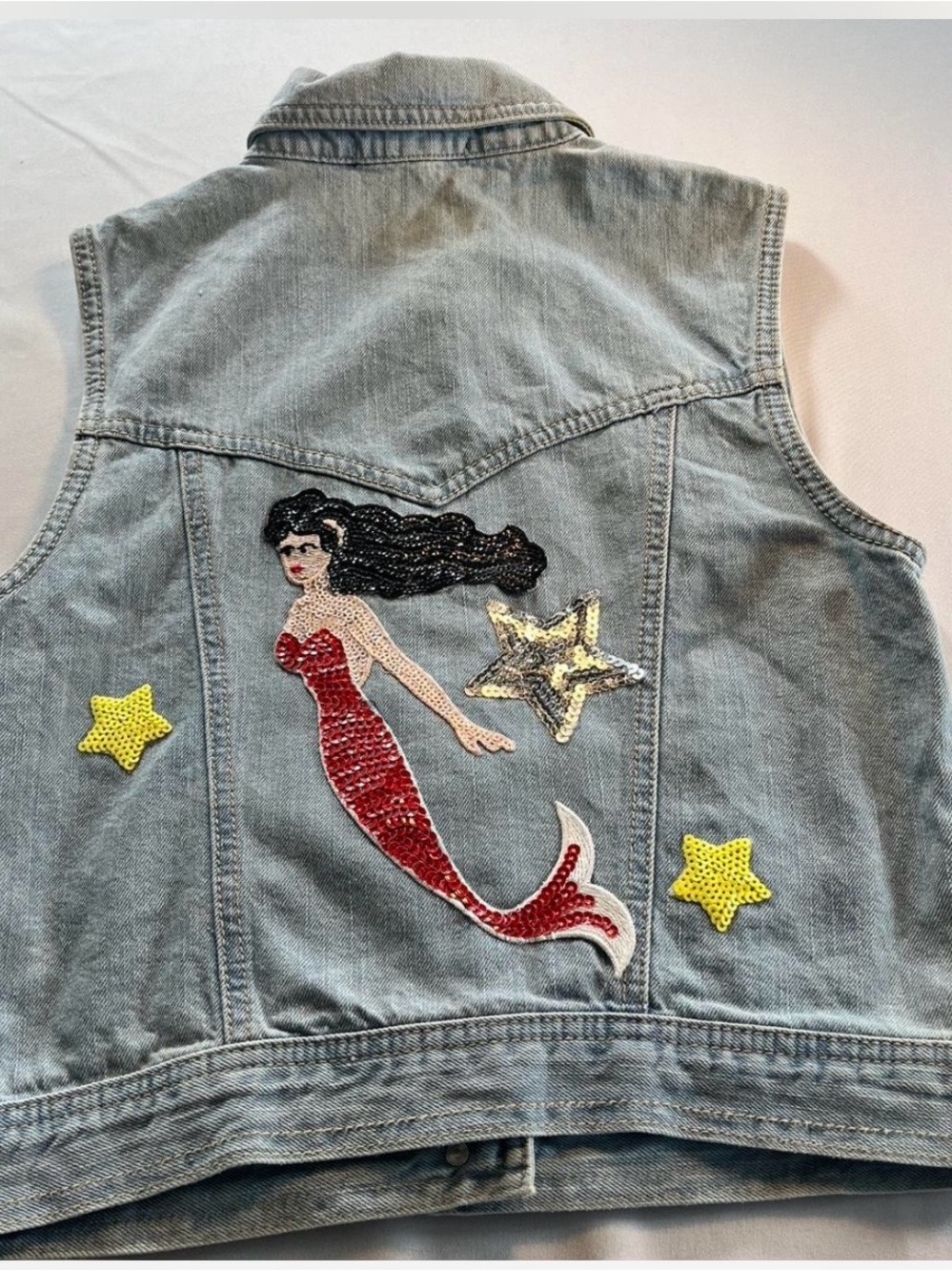 Forever 21 Light Blue Denim Vest with Sequin Mermaid & Yellow Star Patches